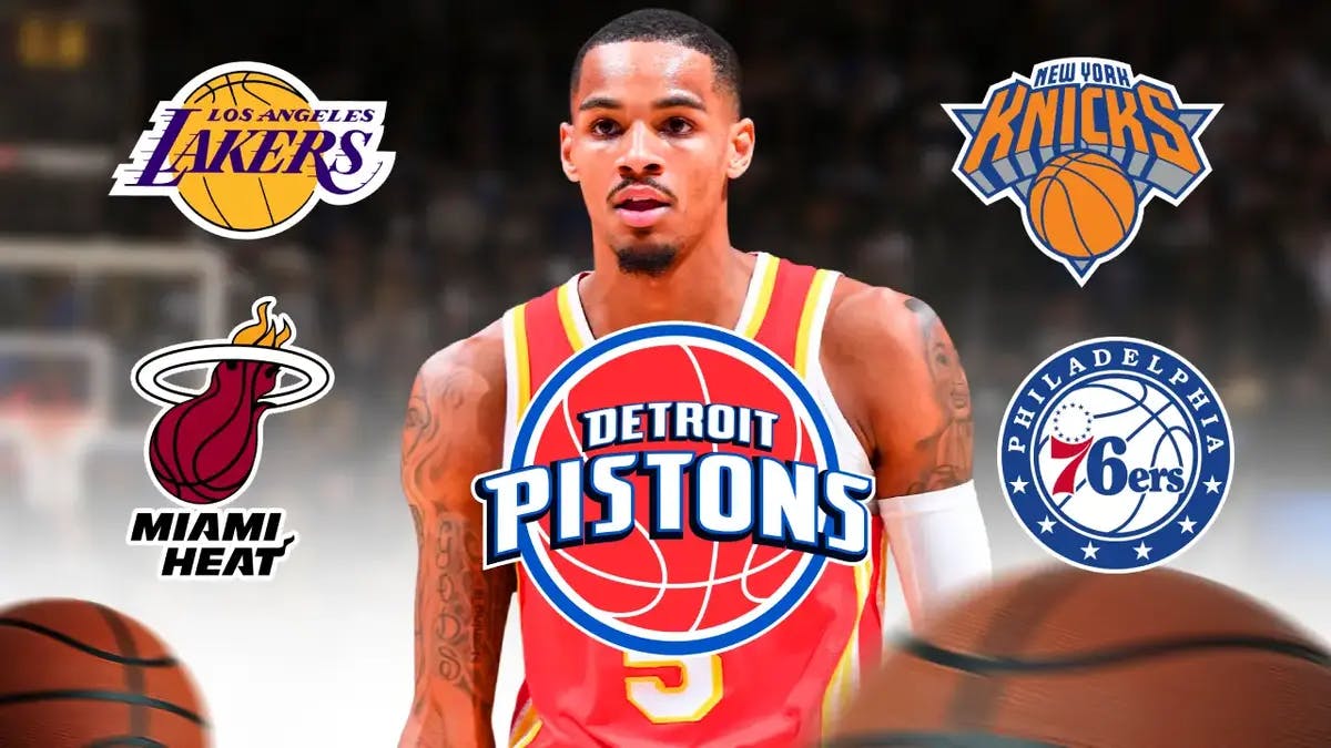 Dejounte Murray with logos of the following teams: Detroit Pistons, Los Angeles Lakers, New York Knicks, Philadelphia 76ers and Miami Heat