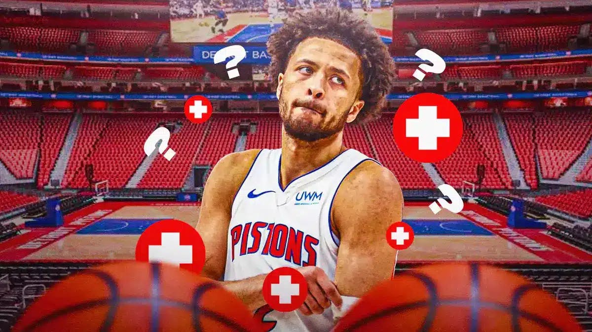 Pistons' Cade Cunningham with red medical symbol and question marks