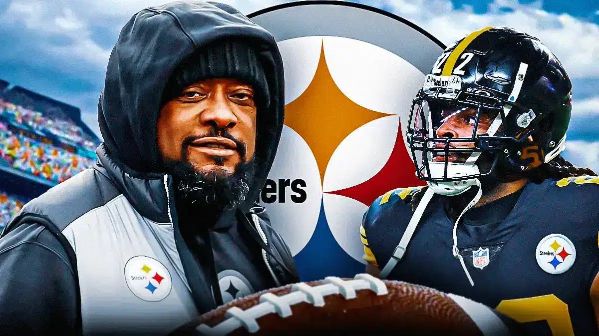 Mike Tomlin next to Najee Harris in front of a Steelers logo at Acrisure Stadium