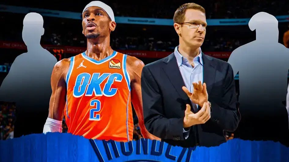 Thunder star Shai Gilgeous-Alexander with Sam Presti and silhouettes of trade deadline candidates Davis Bertans and Ousmane Dieng
