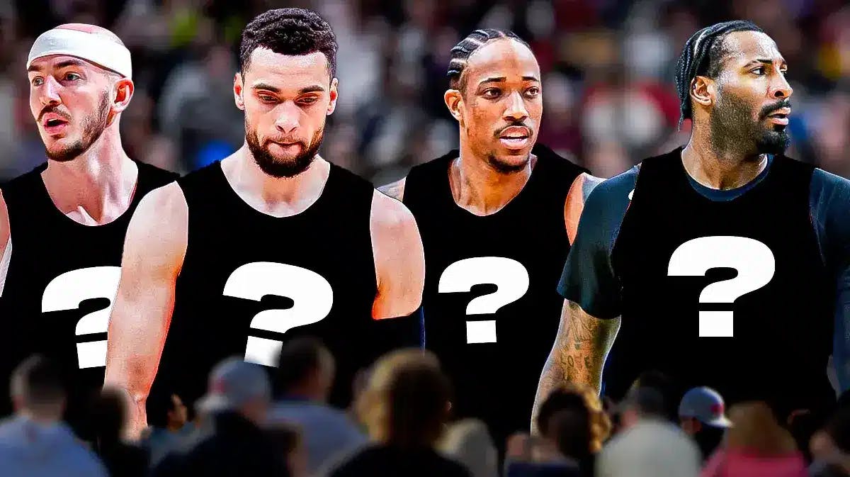Alex Caruso, Andre Drummond, Zach LaVine, DeMar DeRozan--all with blank jerseys with question mark in the middle