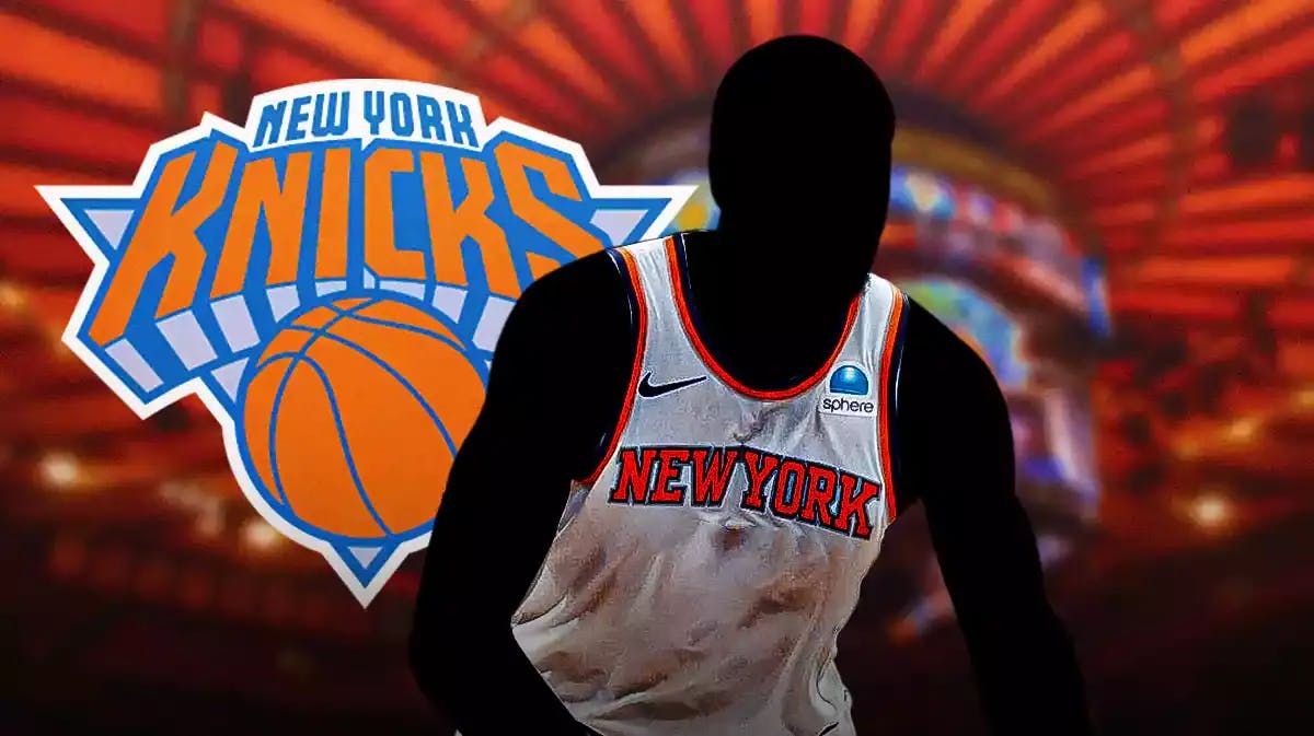 Blank player silhouette and New York Knicks logo, to signify mystery player team should trade.