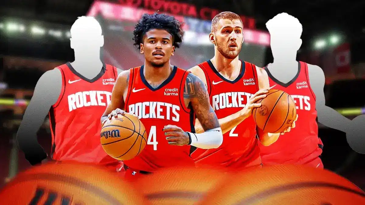 Four players, two in Sillouettes, the others revealed - Jalen Green and Jock Landale. Rockets background