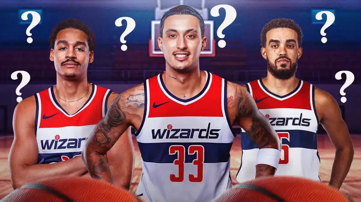 Wizards' Jordan Poole, Wizards' Kyle Kuzma, Wizards' Tyus Jones all in image with question marks everywhere.