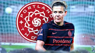 NWSL player Christine Sinclair with the Portland Thorns logo
