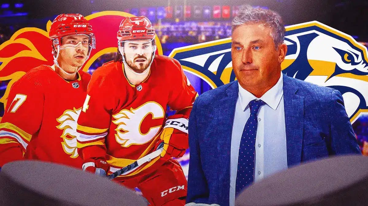 Andrew Brunette in middle of image looking stern, Rasmus Andersson and Yegor Sharangovich on either side looking happy, CGY Flames and NSH Predators logos, hockey rink in background