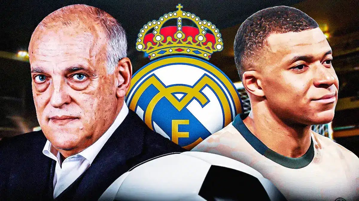 Javier Tebas and Kylian Mbappe in front of the Real Madrid logo