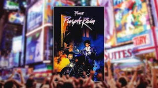 Prince Purple Rain poster in front of Broadway.