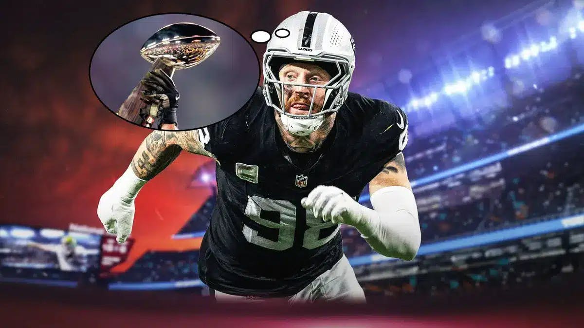 Raiders' Maxx Crosby hyped up, with a thought bubble containing image of Super Bowl trophy