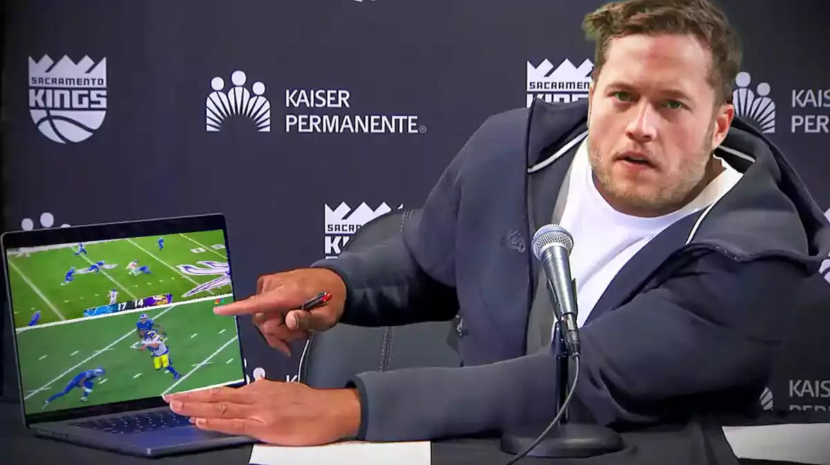 Rams' Matthew Stafford as Mike Brown in the laptop meme, with Lions' Kerby Joseph’s hit on Tyler Higbee on the laptop