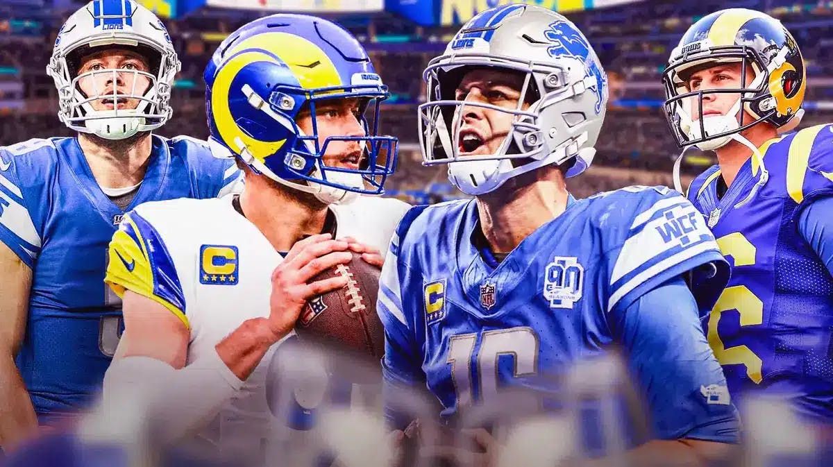 Matthew Stafford in Rams uni and Jared Goff in Lions uni in the middle, hyped up, with pics of Stafford in Lions uni to Stafford’s left and pics of Goff in Rams uni to Stafford’s right