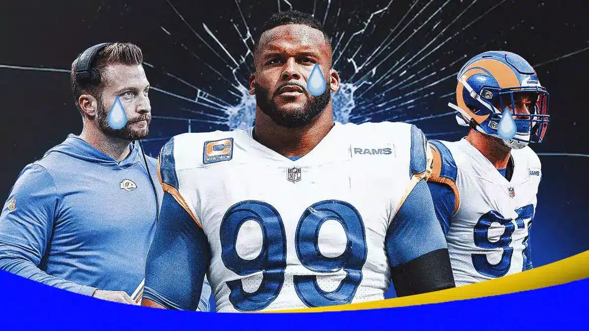 Aaron Donald, Sean McVay, Michael Hoecht all with tear emojis 💧 and with shattered glass in the background.