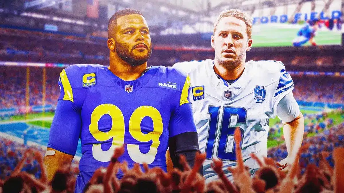 Photo: Aaron Donald in Rams uniform and Jared Goff in Lions uniform with crowd in the back