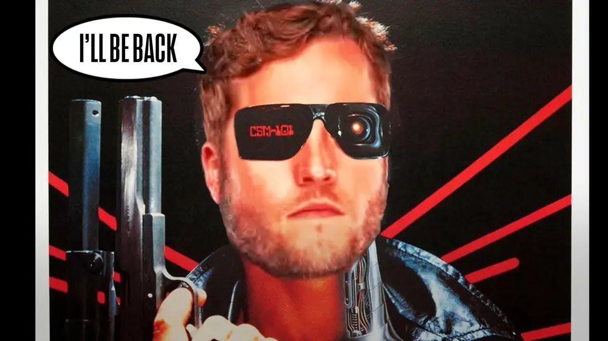 Los Angeles Rams' Matthew Stafford’s face/head photoshopped on the poster for the movie The Terminator and please add a speech bubble “I’ll Be Back”