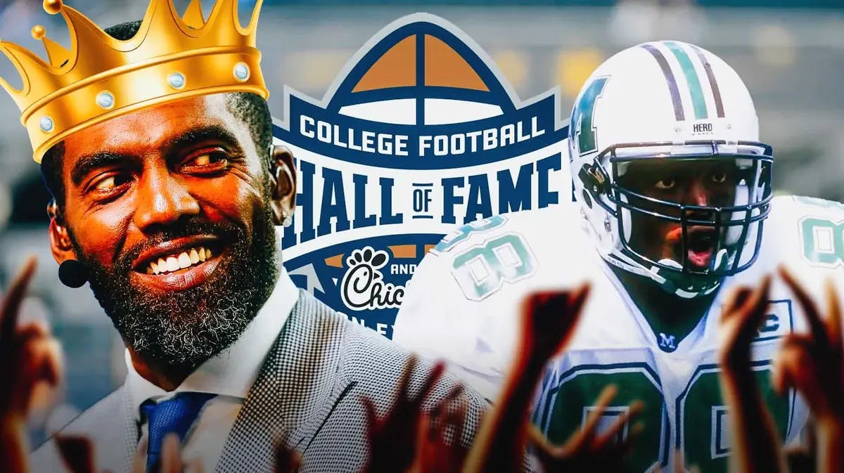 College era Randy Moss in Marshall jersey with a crown on head and College Football Hall of Fame banner