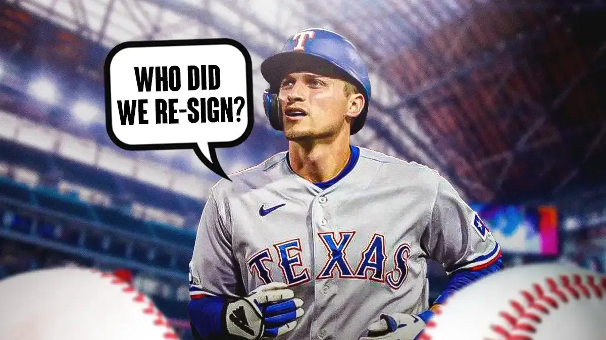 Rangers' Corey Seager saying the following: Who did we re-sign? Texas Rangers' field in background.
