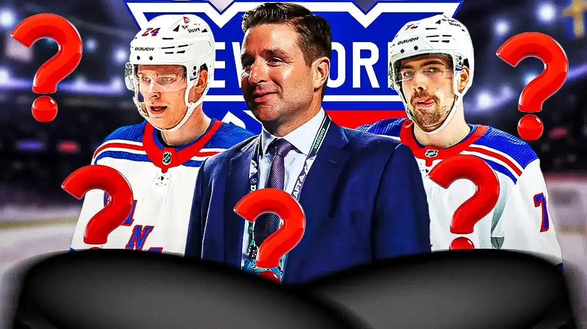 Kaapo Kakko and Filip Chytil both in image, NY Rangers logo in middle, 3-5 question marks, Chris Drury in middle (Rangers GM), hockey rink in background
