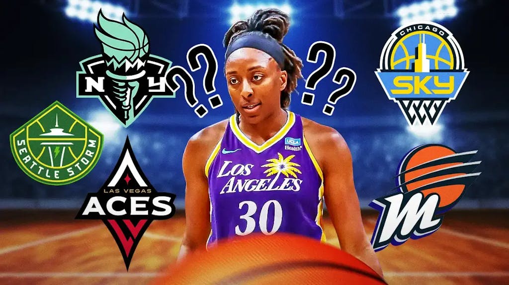WNBA player Nneka Ogwumike, with question marks aground her, and the logos of WNBA teams the New York Liberty, Las Vegas Aces, Chicago Sky, Phoenix Mercury and Seattle Storm