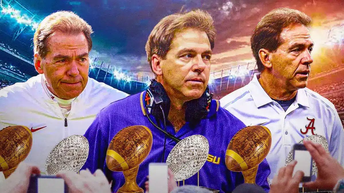 Nick Saban in LSU gear, a younger version of Nick Saban in Alabama gear, and an older version of Nick Saban in Alabama gear. National Championship trophies all around the graphic.