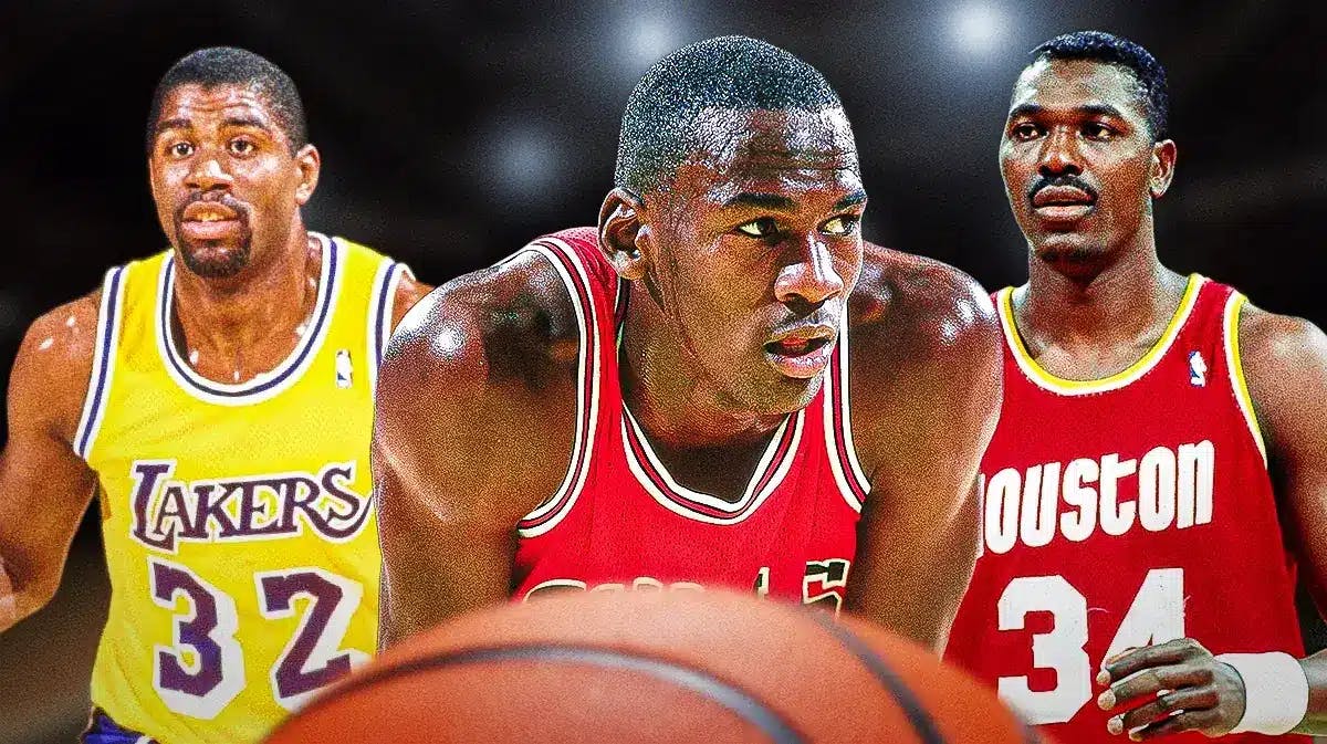 Michael Jordan playing for the Bulls, Hakeem Olajuwan playing for the Rockets, and Magic Johnson playing for the Lakers.