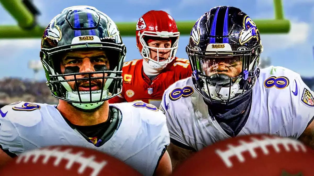 Ravens' Mark Andrews and Lamar Jackson hyped up, with Chiefs' Patrick Mahomes looking serious