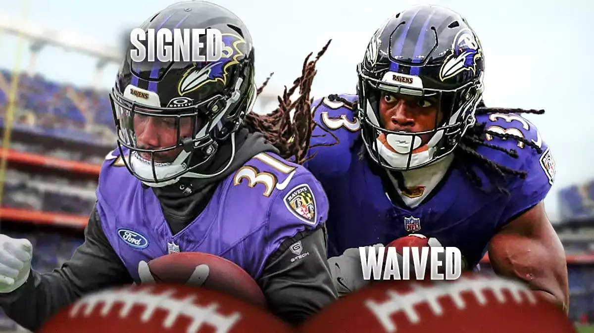 Dalvin Cook in Ravens uni on the left, Melvin Gordon III in Ravens uni on the right – with the word SIGNED under cook and the word WAIVED under Gordon
