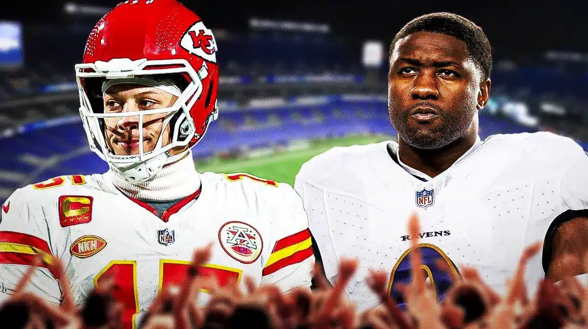 Chiefs, Ravens, Patrick Mahomes, Roquan Smith, Chiefs Ravens, Roquan Smith in Ravens uni and Patrick Mahomes with Ravens stadium in the background