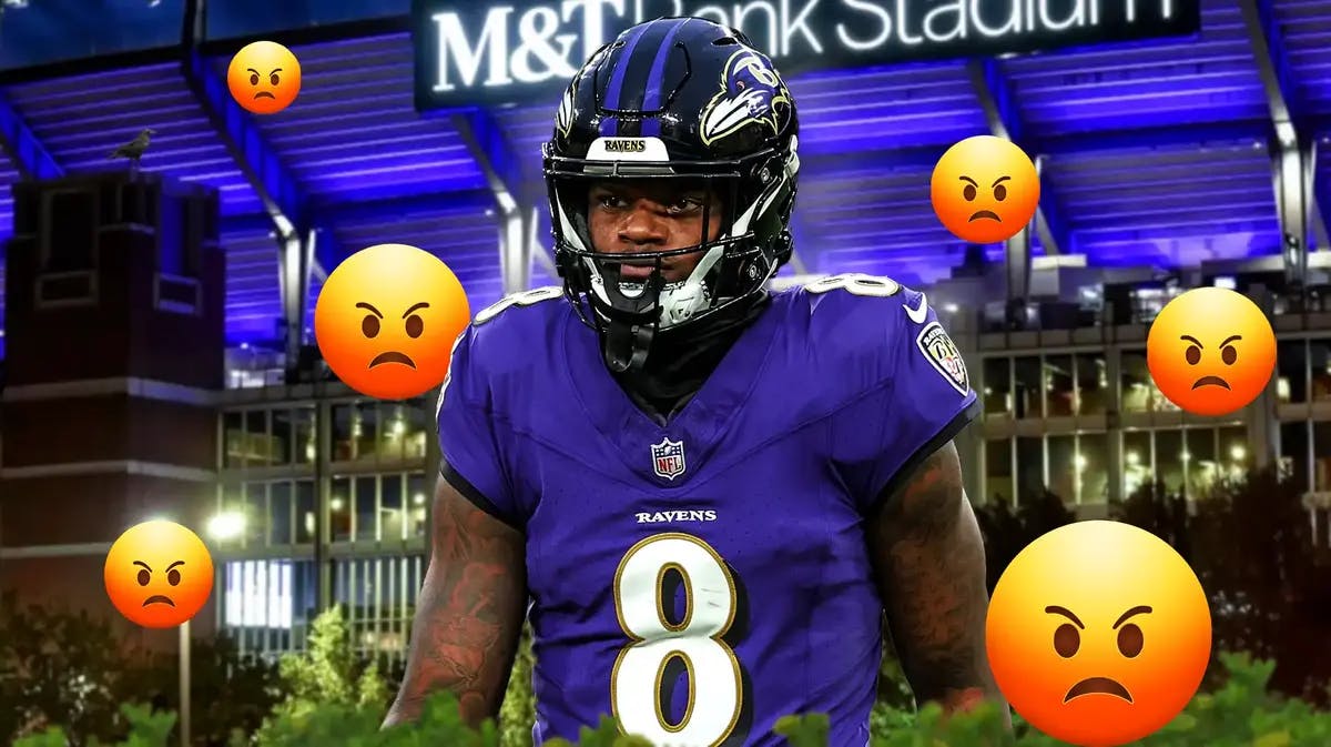 Baltimore Ravens' Lamar Jackson looking angry and a bunch of rage emojis around the image.