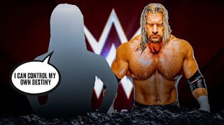 The blacked-out silhouette of Ash By Elegance with a text bubble readng “I can control my own destiny” next to Triple H with the WWE logo as the background.