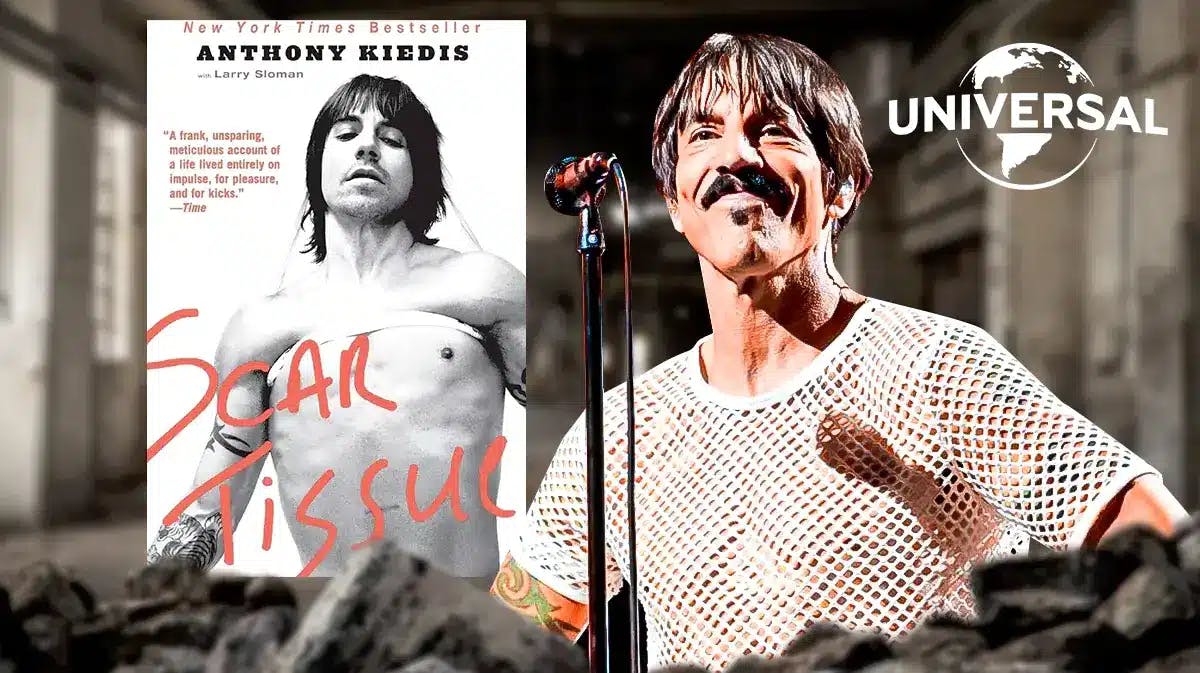 Anthony Kiedis and his book Scar Tissue, Universal Pictures logo.