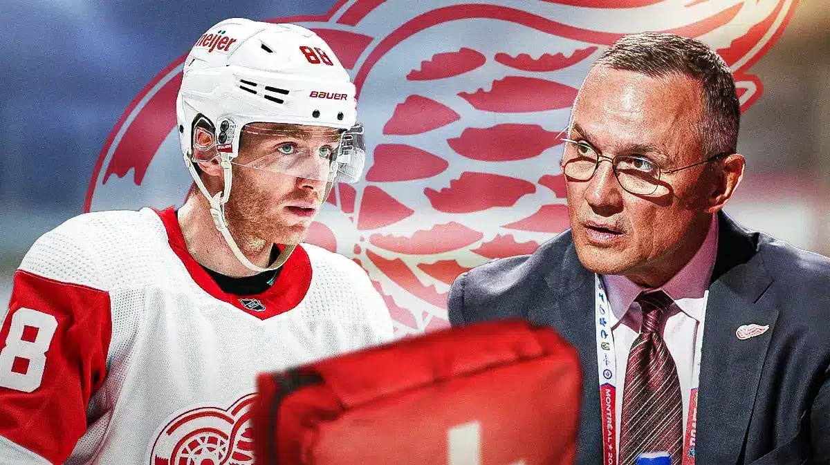 Patrick Kane in middle of image looking stern, first aid kit in image, Steve Yzerman in image looking stern, DET Red Wings logo in middle, hockey rink in background