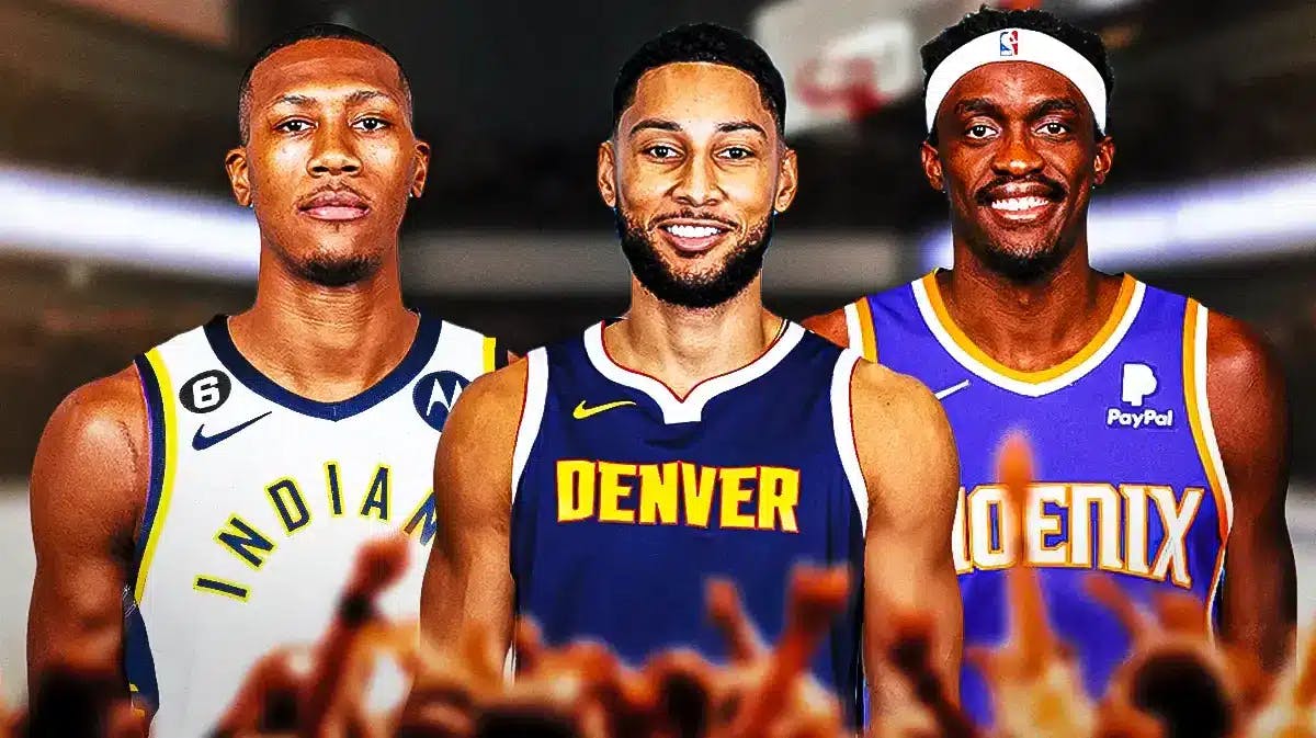 Kris Dunn in Pacers jersey, Ben Simmons in Nuggets jersey, Pascal Siakam in Suns jersey