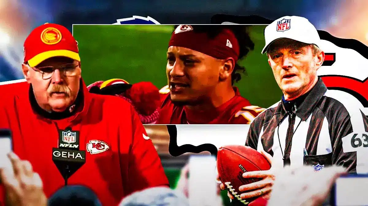 Andy Reid and Patrick Mahomes reacting to the game-changing penalty in their Week 14 loss to the Bills, alongside an image of an NFL referee