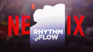 Rhythm + Flow poster with silhouette of judges, Netflix logo in the back.
