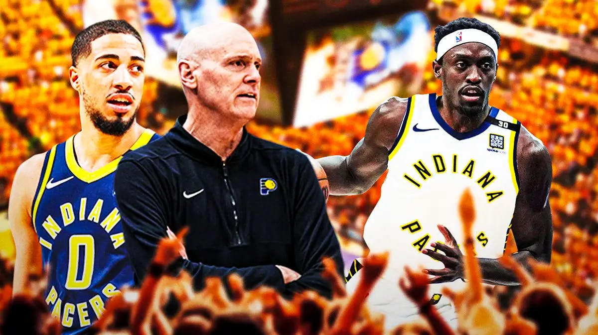 Rick Carlisle and Tyrese Haliburton alongside Pascal Siakam in his Pacers jersey