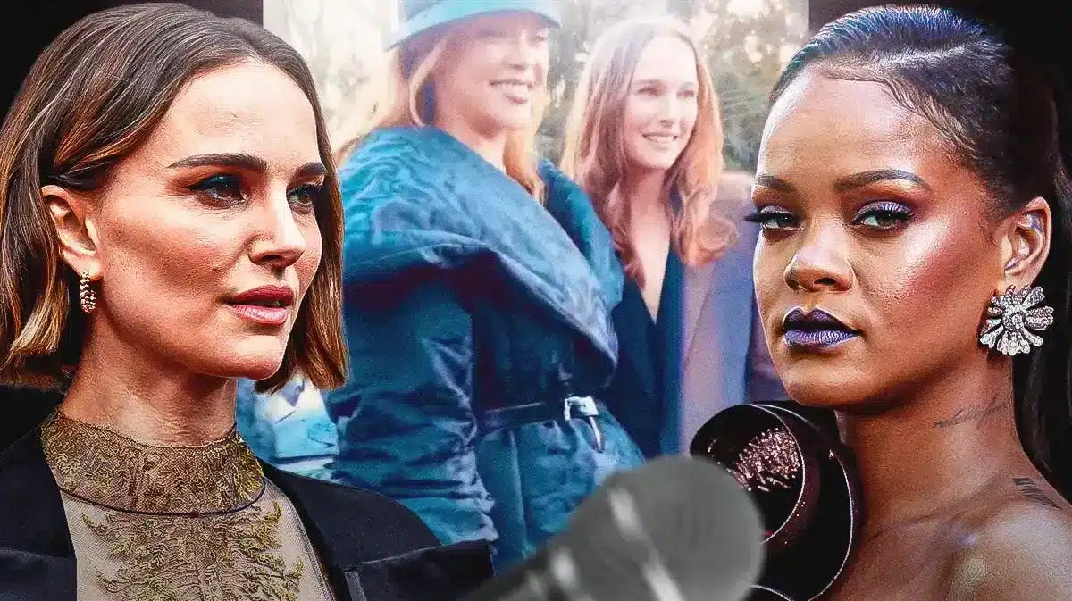 Pics of Rihanna and Natalie Portman with footage of them meeting in between at the Dior fashion show in Paris