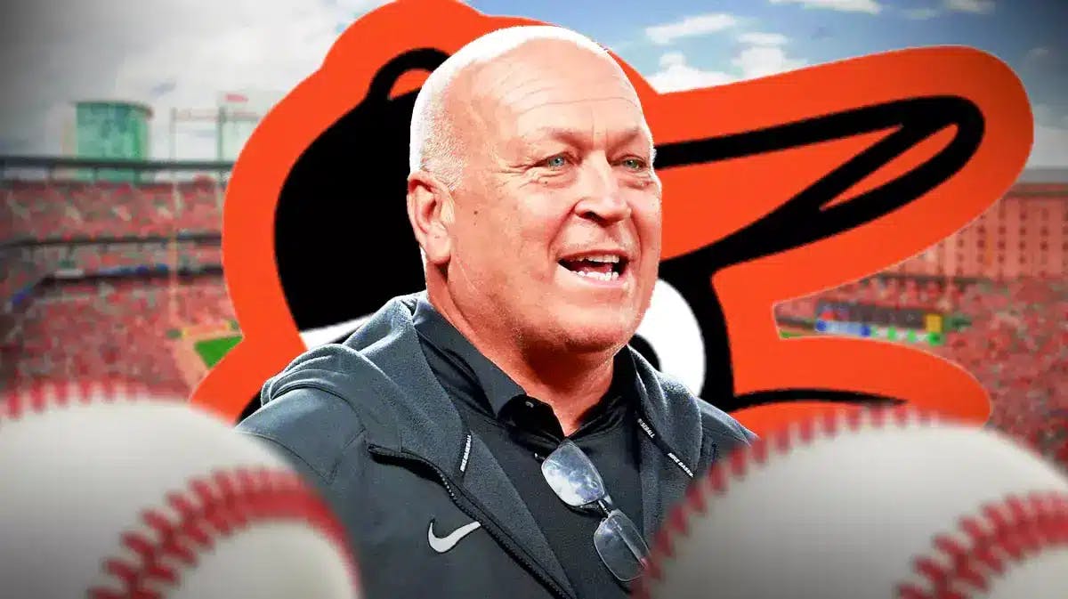 Cal Ripken Jr (current picture) next to the Baltimore Orioles' logo. Camden Yards background.