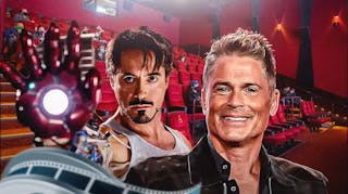 Robert Downey Jr. as Tony Stark/Iron Man in MCU next to Rob Lowe with movie theater background.