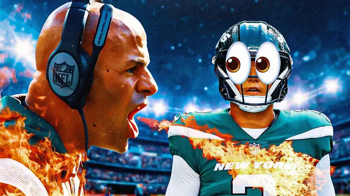 Robert Saleh on one side breathing fire, Zach Wilson on the other side with the big eyes emoji over his face