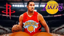Malcolm Brogdon surrounded by the Rockets, Lakers, and Knicks logos