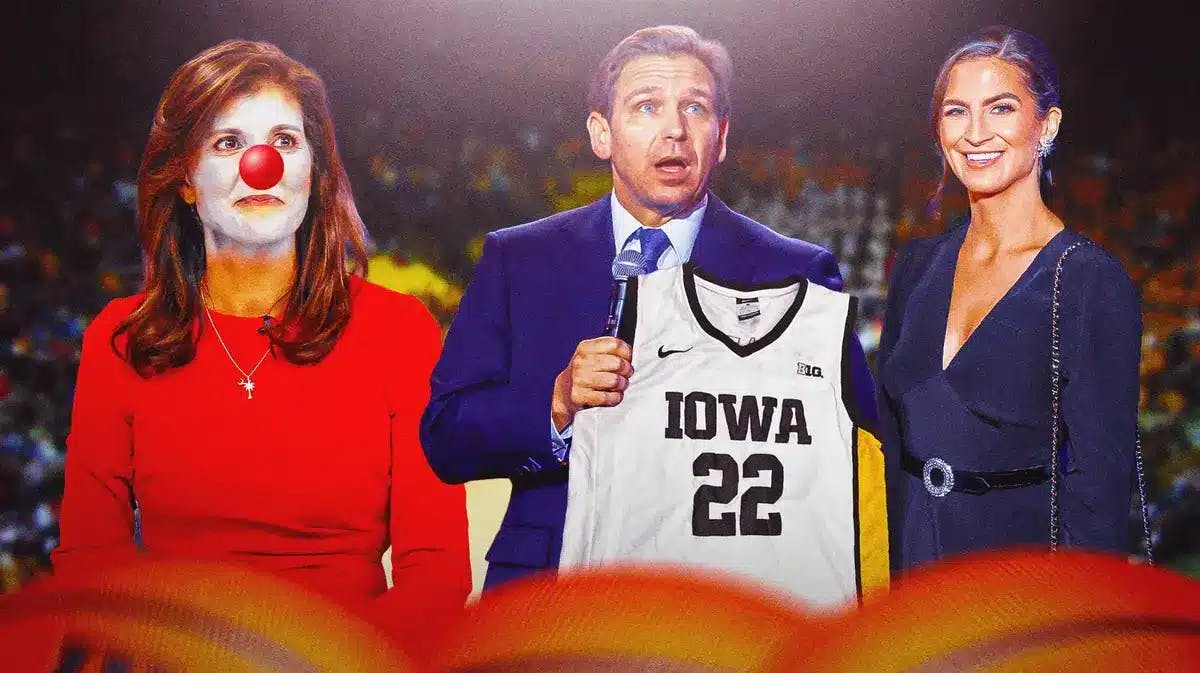 Florida governor Ron DeSantis with a Caitlin Clark jersey/Iowa women’s basketball jersey - as if handing the jersey to CNN Anchor Kaitlin Collins. Kaitlin Collins has questions marks around her. Former South Carolina governor Nikki Haley is in the background, photoshopped with clown make up