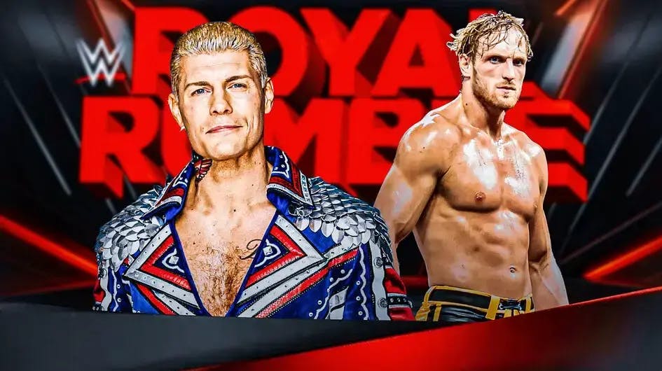 Cody Rhodes and Logan Paul with the Royal Rumble logo as the background.