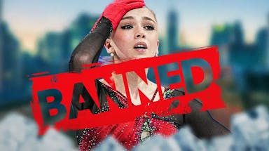 Russian Skater Kamila Valieva with “BANNED” red text