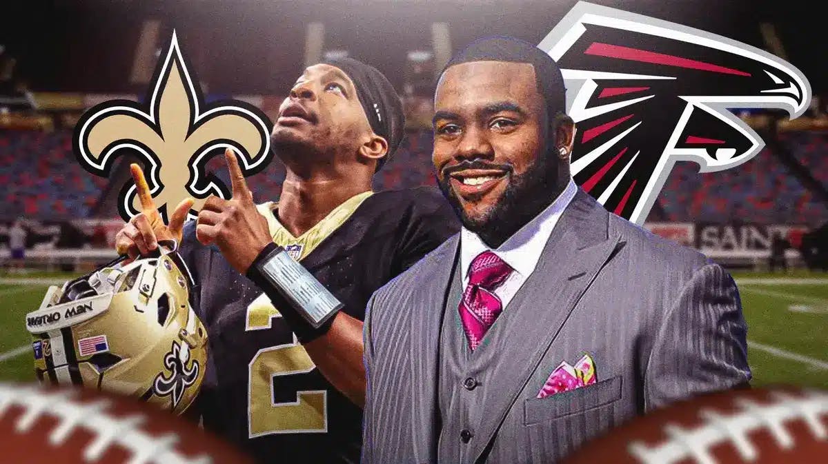Photo: Mark Ingram in suit with Jameis Winston in Saints uniform, both Falcons and Saints logo in the back