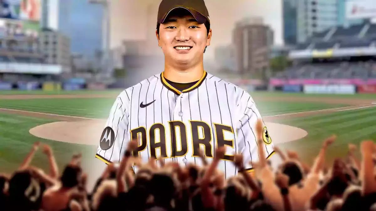 Woo Suk Go in a San Diego Padres uniform. Petco Park background.