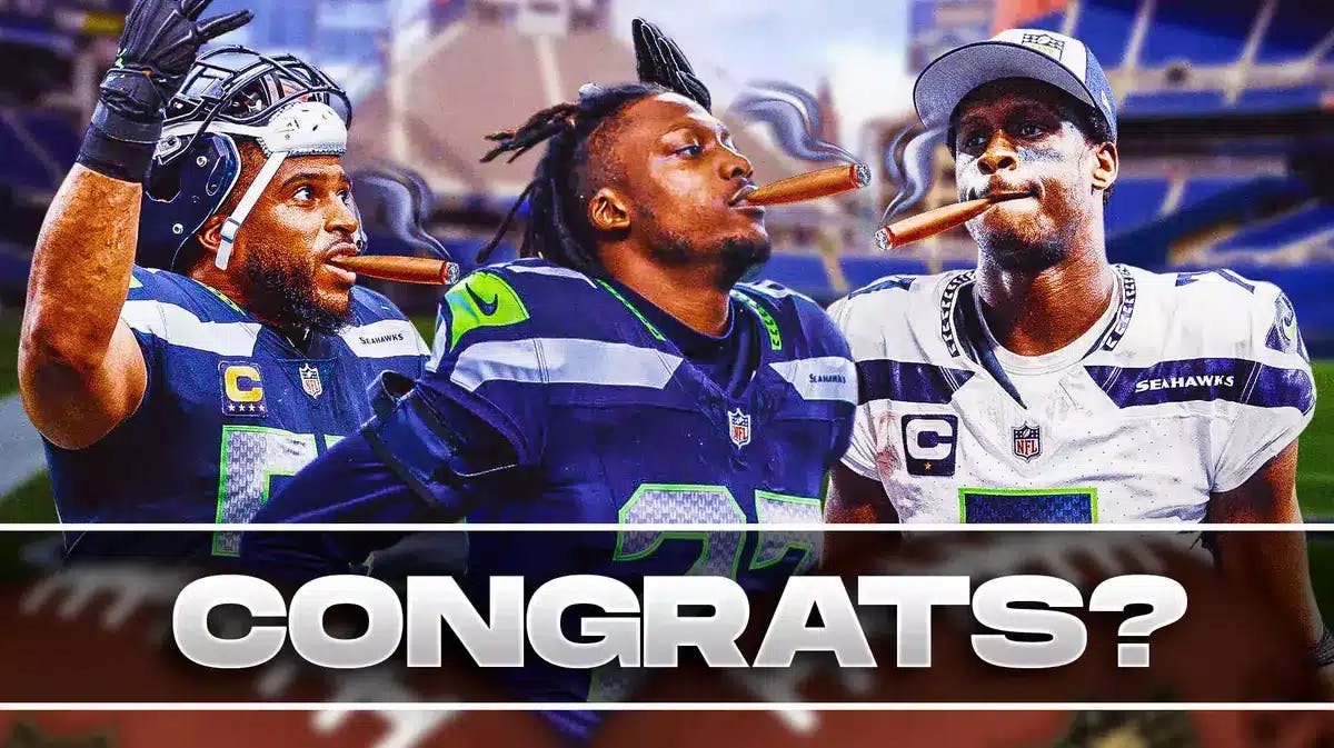 Seattle Seahawks' Riq Woolen, Geno Smith, and Bobby Wagner with cigars and cigar smoke photoshopped on image and a text bubble at bottom of screen that reads “Congrats?”