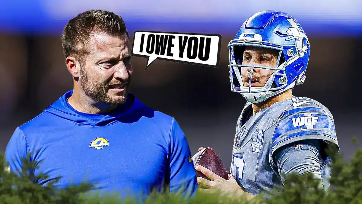 Detroit Lions QB Jared Goff and Los Angeles Rams coach Sean McVay and speech bubble “I Owe You”