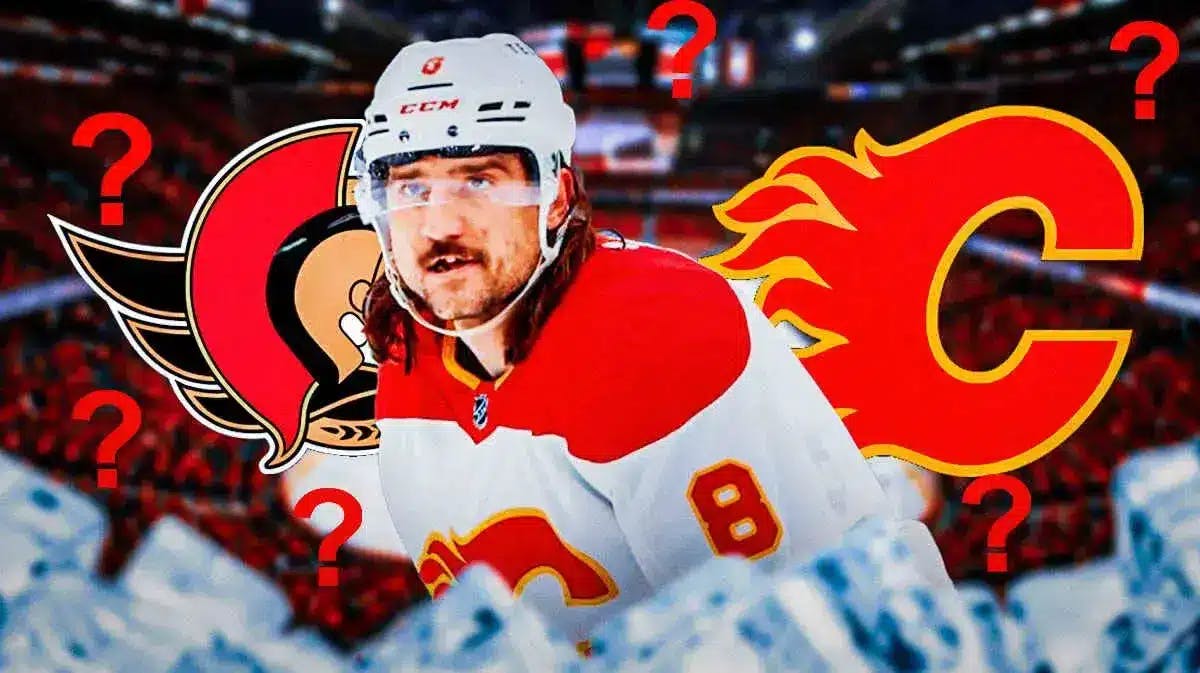 Chris Tanev in middle of image looking stern, Calgary Flames and Ottawa Senators logo on either side, 3-5 question marks, hockey rink in background
