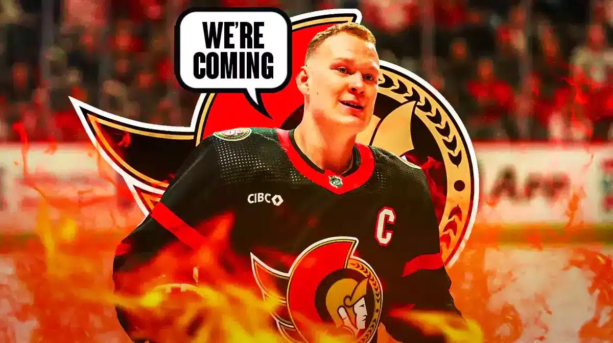 Brady Tkachuk in middle of image looking happy with fire around him and speech bubble: “We’re coming” , OTT Senators logo in image, hockey rink in background