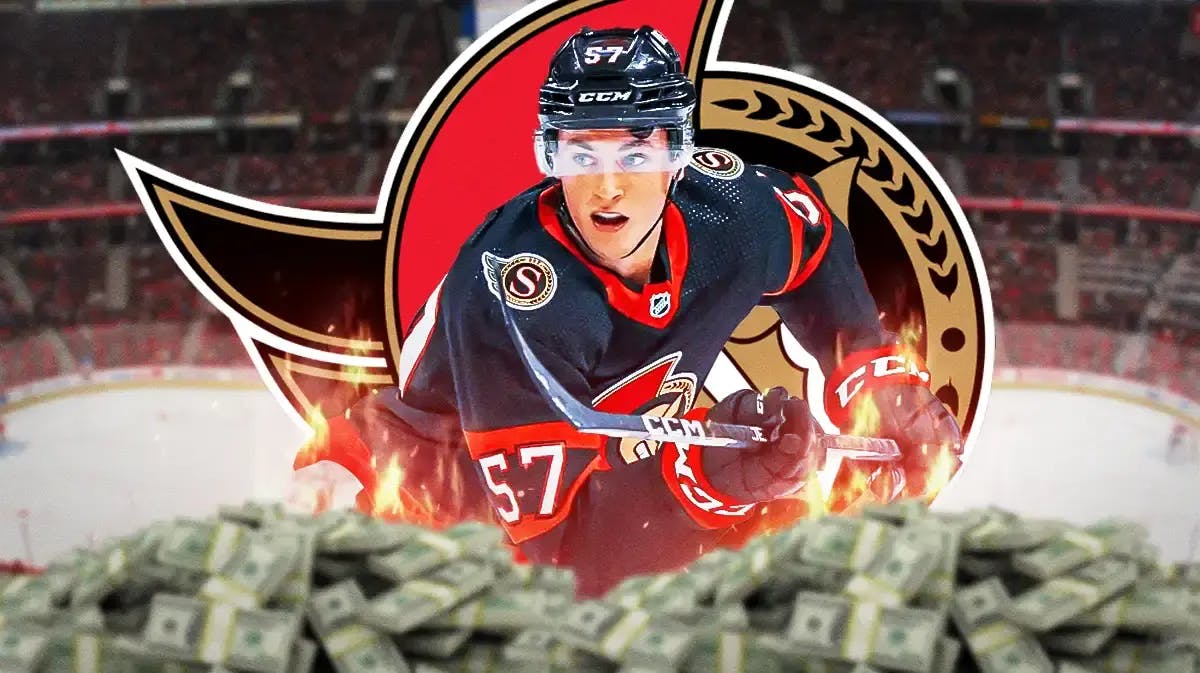 Shane Pinto in middle of image looking happy, money in image, some fire around him, OTT Senators logo in image, hockey rink in background